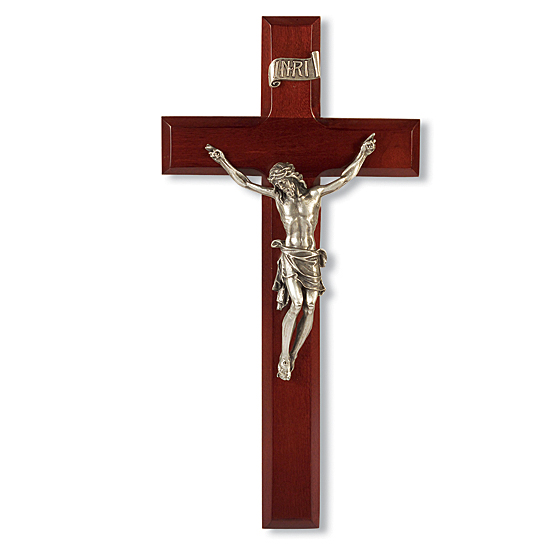 Dark Cherry Wood and Silverstone Corpus Wall Crucifix - 11 inch - Cherry Wood