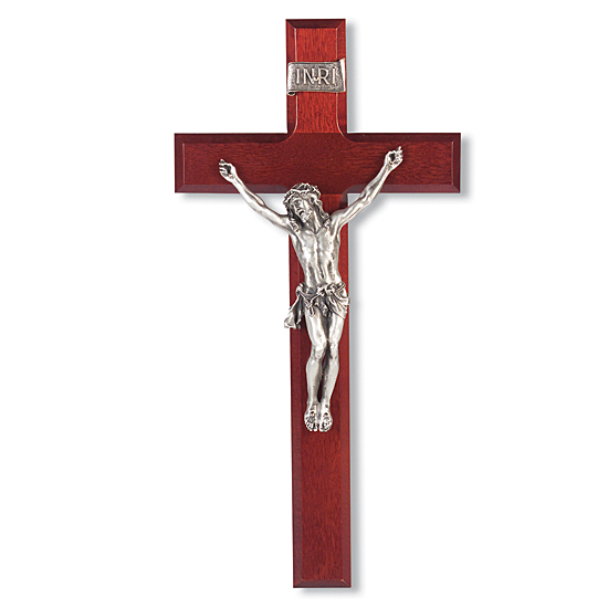 Dark Cherry Wall Crucifix with Pewter Corpus - 12 inch - Cherry Wood