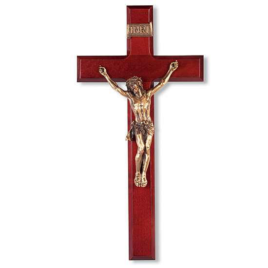 Dark Cherry Wall Crucifix with Traditional Corpus - 12 inch - Brown