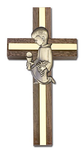 First Communion Boy Wall Cross in Walnut and Metal Inlay 4 inch - Gold Tone