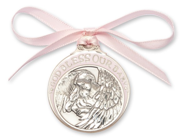 Girl's Pink Ribbon Guardian Angel Crib Medal in Pewter - Silver | Pink