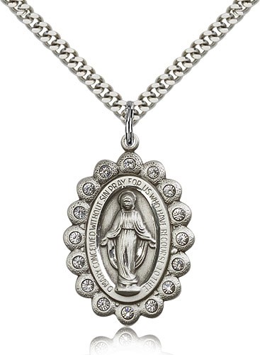 Miraculous Medal Necklace with Clear Swarovski Crystals - Sterling Silver