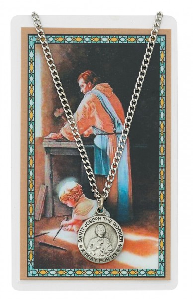 Round St. Joseph The Worker Medal and Prayer Card - Silver tone