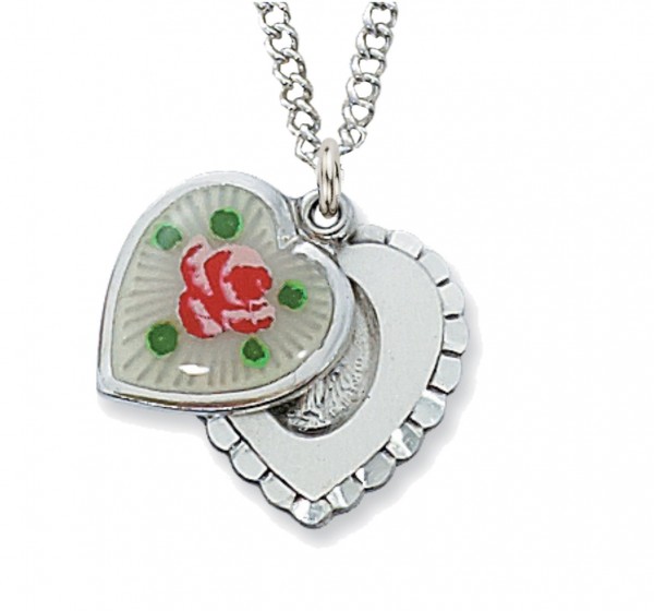 Women's Enamel Slide Heart Shaped Miraculous Medal Necklace - Silver