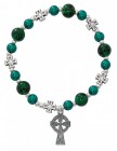 Women's Celtic Stretch Bracelet with Green Pearl Beads and Cross Charm