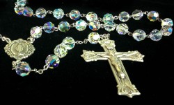 Crystal Aurora Borealis Swarovski Rosary 8mm Miraculous Centerpiece Sterling Silver [HMRB007]