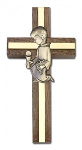 First Communion Boy Wall Cross in Walnut and Metal Inlay 4 inch [CRB0025]