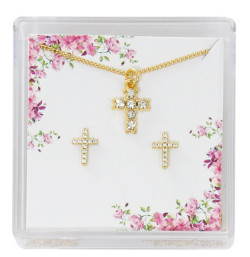 Girls Gold Plated Crystal Cross Earring Pendant Set [MV2106]