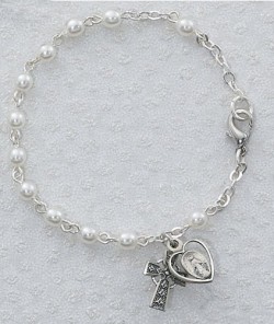 Irish First Communion Faux Pearl Bracelet with Miraculous and Celtic Cross Charm [MVC064]