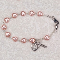 Pink Heart Shaped First Communion Rosary Bracelet with Miraculous &amp; Crucifix [MVC074]