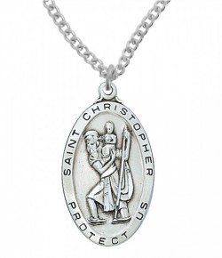 Men's Large Oblong St. Christopher Medal Sterling Silver - 1.5 Inches [MVM1012]
