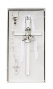 White Enamel First Communion Wall Cross and Rosary Set [MV1049]