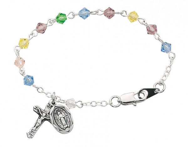 Baby Rosary Bracelet with Multi Color Tin Cut Crystal Beads - Sterling Silver