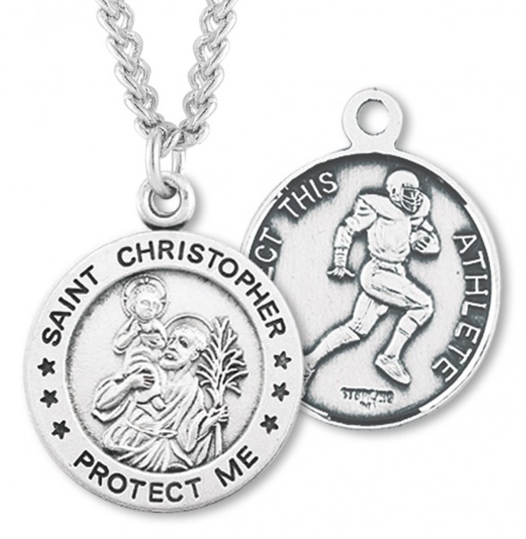Men's Sterling Silver Round Saint Christopher Football Medal - Sterling Silver