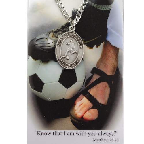 Boy's St. Christopher Soccer Medal 24 Inch Chain Prayer Card - Silver tone