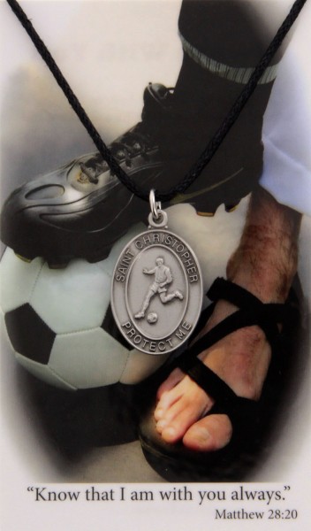 Boy's St. Christopher Soccer Medal Leather Chain Prayer Card - Silver tone