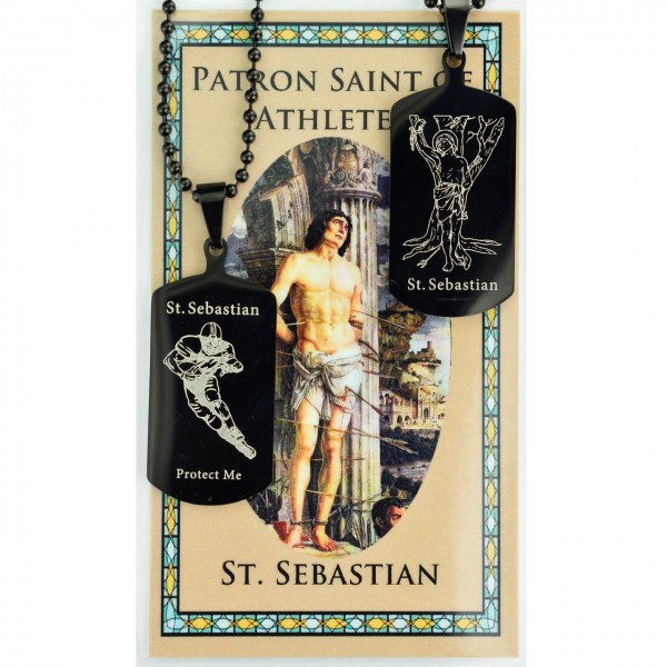 Boy's St. Sebastian Football Dog Tag Necklace and Prayer Card - Black