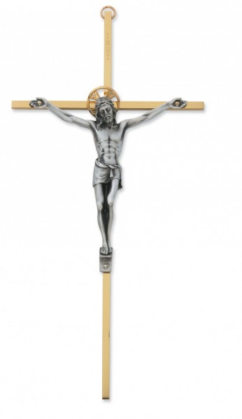 Brass Wall Crucifix 10 inch Two-Tone - Gold | Silver
