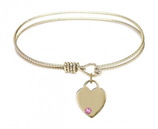 Cable Bangle Bracelet with a Birthstone Heart Charm - Rose
