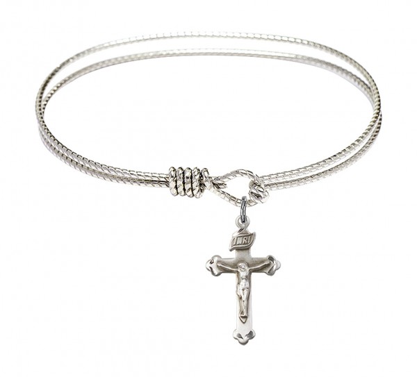 Cable Bangle Bracelet with a Crucifix Charm - Silver