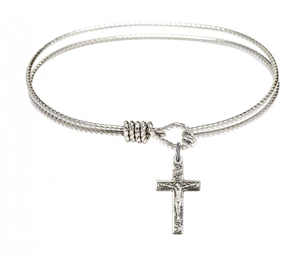 Cable Bangle Bracelet with a Crucifix Charm - Silver