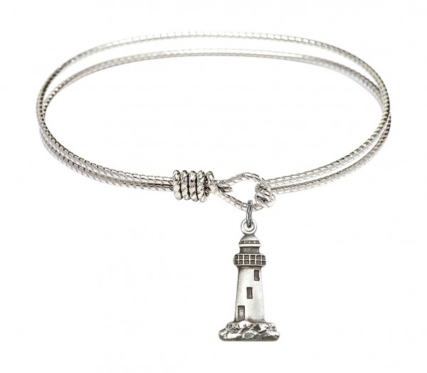 Cable Bangle Bracelet with a Lighthouse Charm - Silver