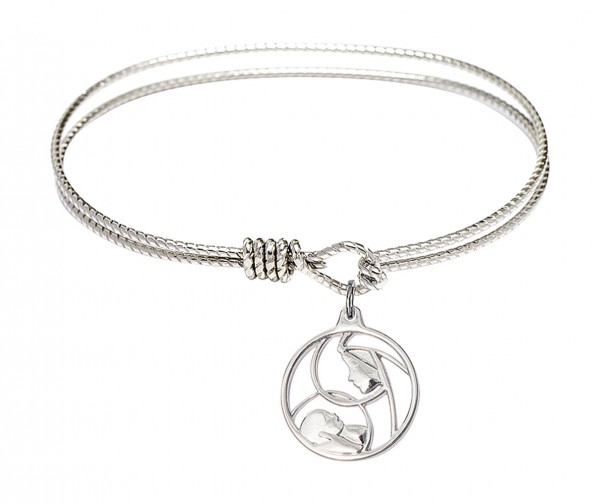 Cable Bangle Bracelet with a Madonna and Child Charm - Silver