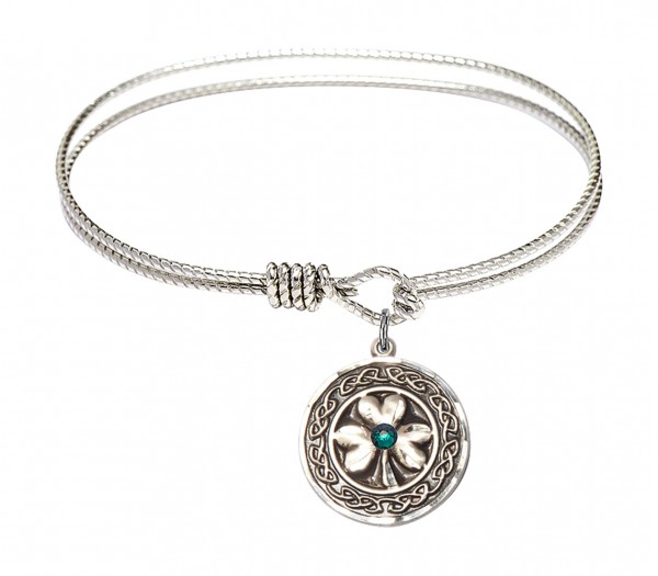 Cable Bangle Bracelet with a Shamrock with Celtic Border Charm - Green|Silver