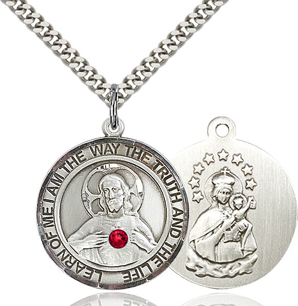 Classic Round Sacred Heart Medal with Birthstone Options - Sterling Silver