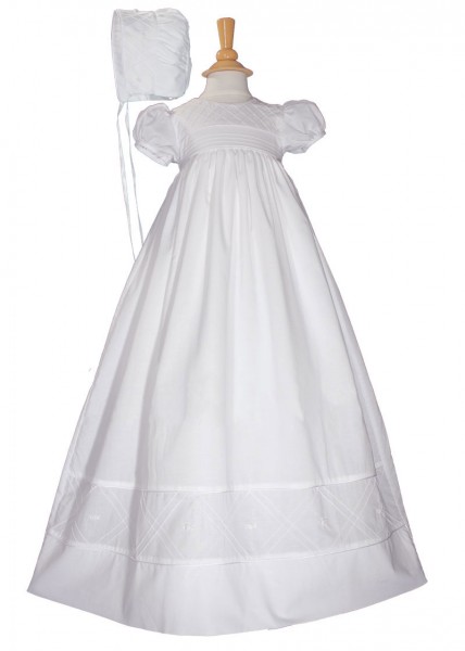 Cotton Christening Gown with Diamond Stitch - White