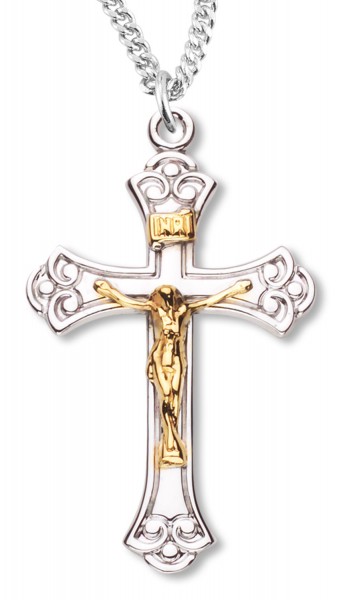 Women's Scroll Tip Crucifix Medal Two Tone - Two-Tone