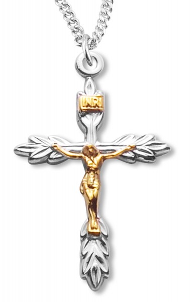 Two Tone Laurel Leaf Style Crucifix Medal - Two-Tone