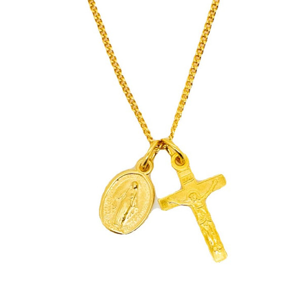 Dainty Double Pendant Gold Miraculous Medal and Crucifix Set - Gold Plated