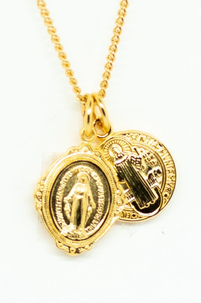 Dainty Double Pendant Gold Miraculous Medal and St Benedict Medal Set - Gold Plated