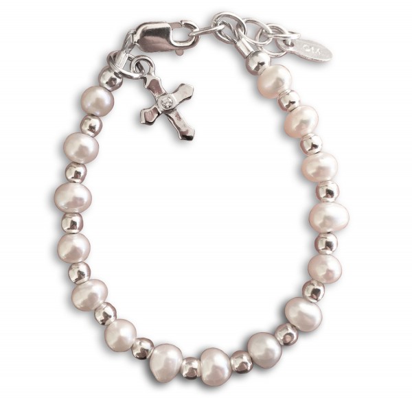 Freshwater Pearl, Beads and Cross Baptism Bracelet - Pearl White