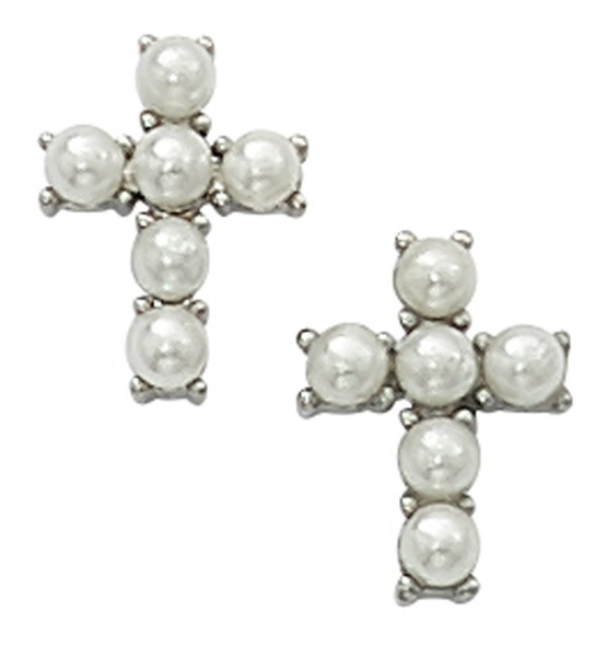 Girls Faux Pearl Cross Earrings - Pearl White