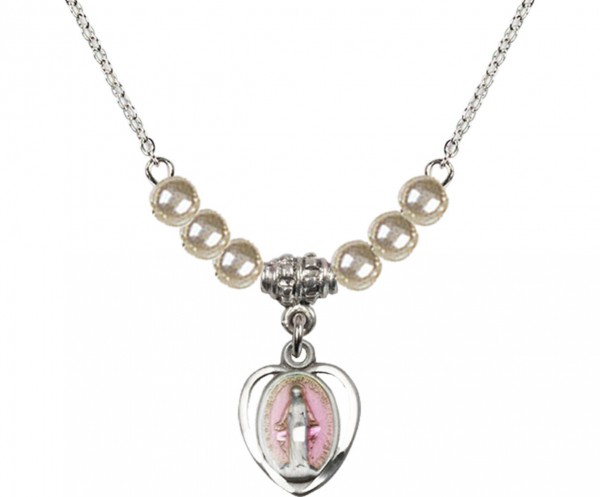 Girl's Miraculous Medal with Faux Pearl Necklace - Silver | Pink
