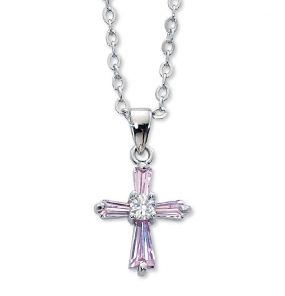 Girls Pink Cubic Zirconia Cross Necklace - Pink