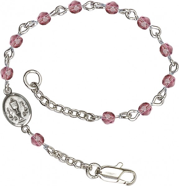 Girls Silver Chalice First Communion Bracelet 4mm Crystal Beads - Amethyst