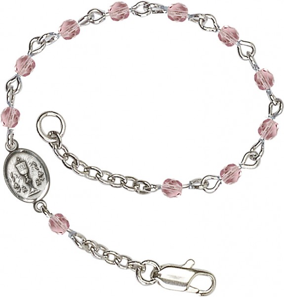 Girls Silver Chalice First Communion Bracelet 4mm Crystal Beads - Light Amethyst