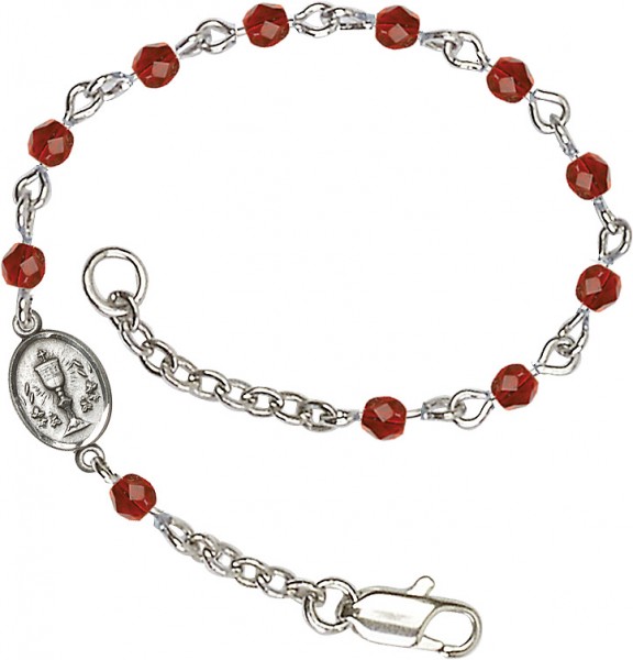 Girls Silver Chalice First Communion Bracelet 4mm Crystal Beads - Ruby Red