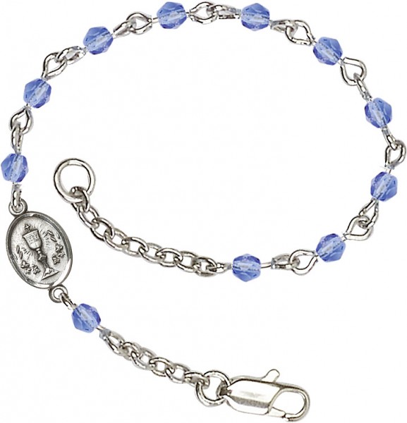 Girls Silver Chalice First Communion Bracelet 4mm Crystal Beads - Sapphire