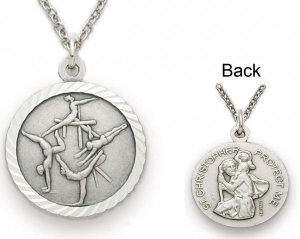 Girls St. Christopher Gymnastics Sports Medal with Chain - Silver