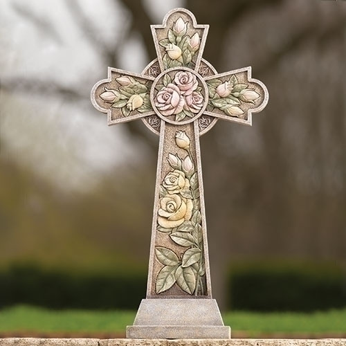 Graceful 26-Inch Resin Stone Garden Cross with Roses - Full Color