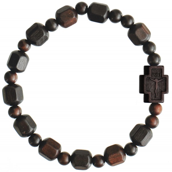 Jujube Wood Hex Cut Bead Rosary Bracelet - 10mm - Brown