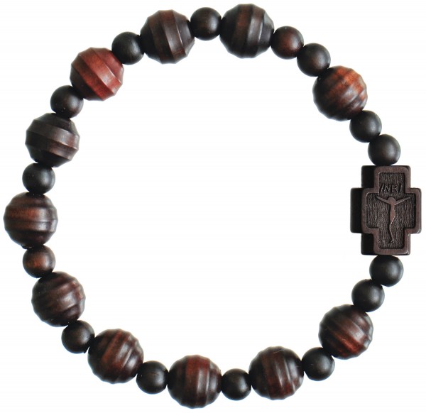 Jujube Wood Striped Cut Bead Rosary Bracelet - 10mm - Brown