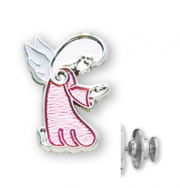 Kneeling Guardian Angel Lapel Pin at Prayer with Pink Enamel - Sterling Silver