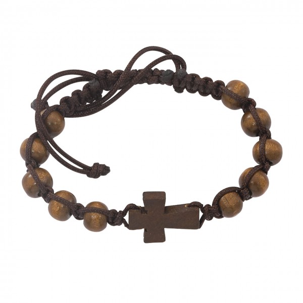 Men's Brown Wood Beads with Cross and Black Cord Bracelet - Brown
