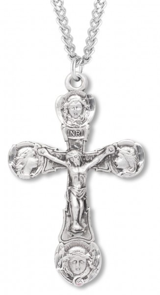 Men's Crucifix Medal with Angel Face Tips - Sterling Silver