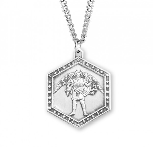 Men's Hexagon Saint Michael the Archangel Medal - Sterling Silver